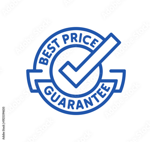 Blue circle badge confirms the best price guarantee seal with checkmark.