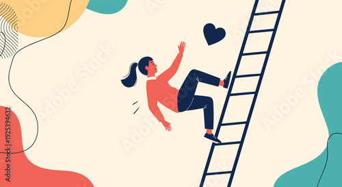 Young woman falling off a high wooden ladder against a colorful abstract background representing failure or unexpected risks.
