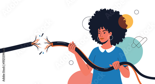 Woman with an afro hairstyle holding two ends of a broken black electrical cable representing technical problems and disconnection.