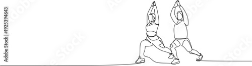 Continuous line drawing of a couple doing yoga warrior pose or lunges workout