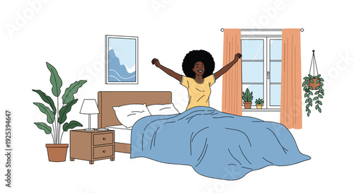 African American woman stretching her arms in bed after waking up in a sunny bedroom with plants and mountain views outside.