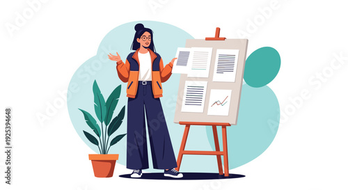 Young woman in a jacket giving a presentation using an easel with several documents and a graph during a business meeting.