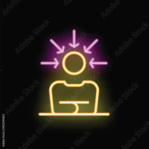 Neon sign representing person receiving information with arrows pointing to head