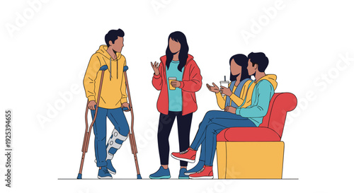 Group of diverse friends talking and laughing together while one man uses crutches and has a medical brace on his injured leg.