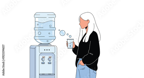Young woman with white hair standing by a water cooler and holding a glass while taking a break in a clean and bright office.
