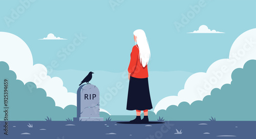 Woman with white hair standing in front of a gravestone with a black bird on it representing mourning and loss in a graveyard.