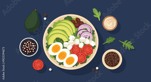 Top view of a healthy salad bowl with avocado slices, hard boiled eggs, fresh tomatoes, feta cheese, and onions on dark blue.
