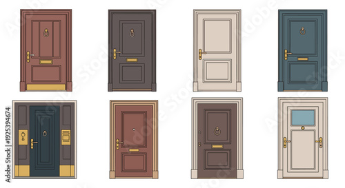 Collection of eight different styles and colors of residential front doors with brass handles and architectural details.