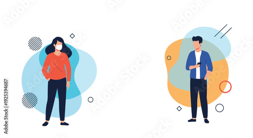 Man and woman stand far apart to maintain social distance while the woman wears a white medical face mask for safety and health protection.