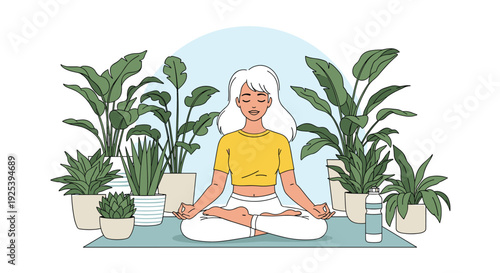 Peaceful woman with long white hair practices meditation in a lotus position while surrounded by many green potted plants in an indoor garden.