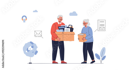 Elderly man and woman carry cardboard boxes filled with personal belongings while moving to a new home or downsizing during retirement.