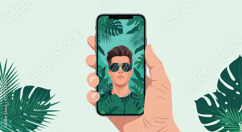 Human hand holding a smartphone showing a portrait of a man wearing sunglasses in a tropical jungle background with leaves.