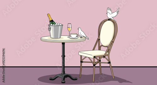 Round table in a cafe with a bottle of champagne in an ice bucket and two white doves sitting on the table and chair nearby.