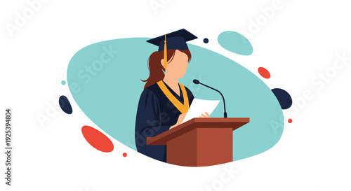 Female graduate in a dark cap and gown stands at a podium and reads a speech into a microphone during her university graduation ceremony.