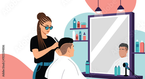 Professional female barber with long braids and sunglasses cuts a man's hair in a modern salon while looking at his reflection in the mirror.
