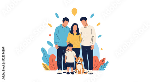 Happy family with two parents, a child, and their dog stand together against a decorative background with colorful leaves and abstract shapes.