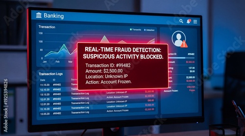 Close-up of a banking system interface displaying real-time fraud detection alerts with graphical data visualizations