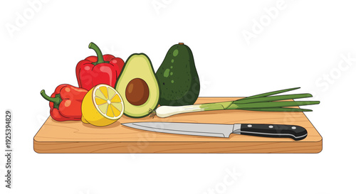 Fresh vegetables including red bell peppers, avocado, lemon, and green onions rest on a wooden cutting board next to a sharp kitchen knife.
