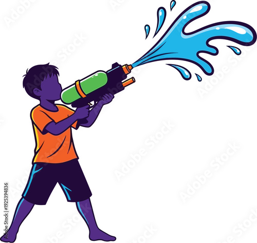 Young boy enthusiastically plays with a bright green and orange water gun, happily squirting a dynamic splash of blue water, symbolizing summer fun, childhood joy, and playful outdoor activities.