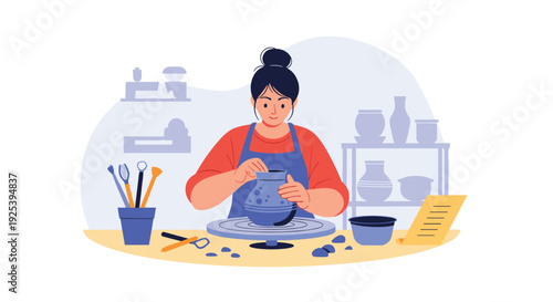 Skilled woman in an apron works at a pottery wheel to shape a blue clay vase while surrounded by finished ceramics in a creative workshop.