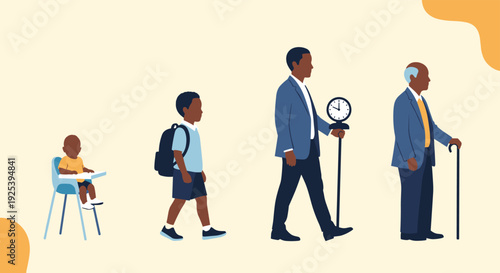 Illustration shows the stages of human growth from an infant in a high chair to a student, a professional adult, and a senior with a cane.