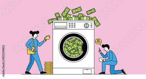 Two people stand near a laundry machine overflowing with paper money to represent the illegal financial concept of money laundering.