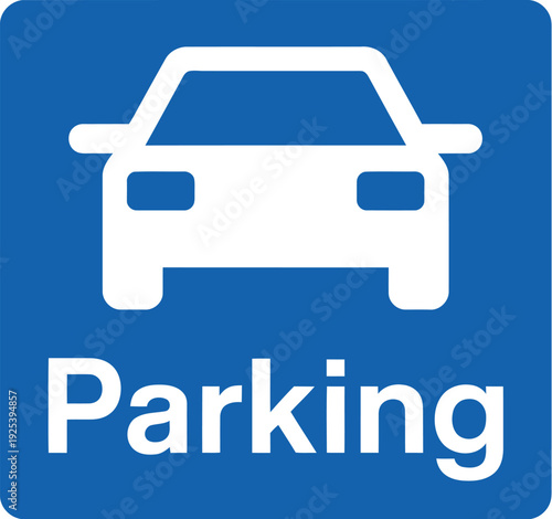 A blue and white parking sign with a car icon