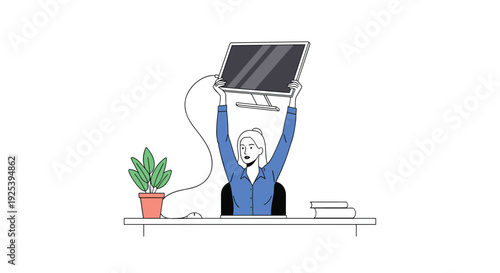 Joyful woman in an office setting lifts a computer monitor above her head in a triumphant gesture of success or completion of a difficult task.