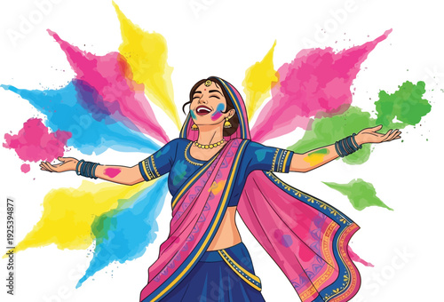 Happy indian woman in traditional attire joyfully celebrates the holi festival with vibrant colorful powder bursting around her, expressing pure happiness and cultural tradition.
