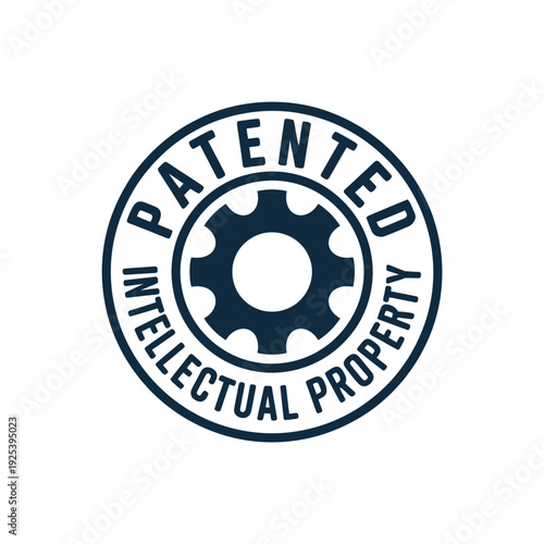 Patented intellectual property seal with gear icon signifies legal.