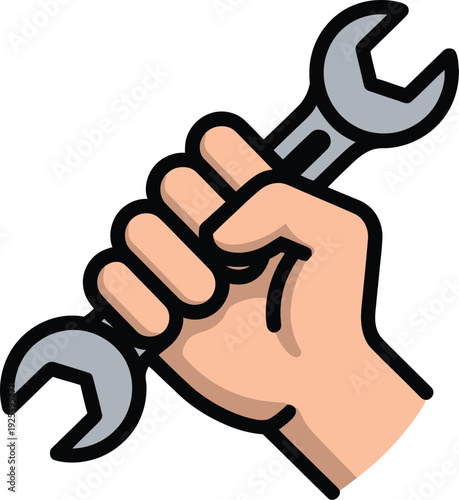 A hand holding a large adjustable wrench tightly