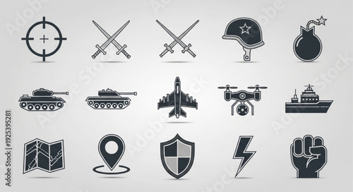 Collection of military and war related icons and symbols.