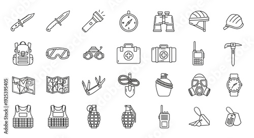 Collection of military and survival equipment icons.
