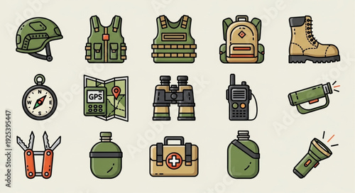 Collection of military and survival gear icons.