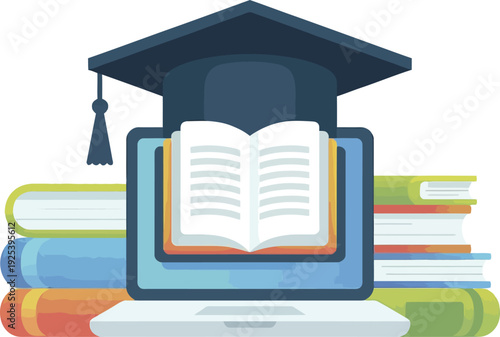 E-Learning at its Finest: A laptop featuring an open book, crowned by a graduation cap, positioned atop a stack of vibrant textbooks, representing the core of modern education. 