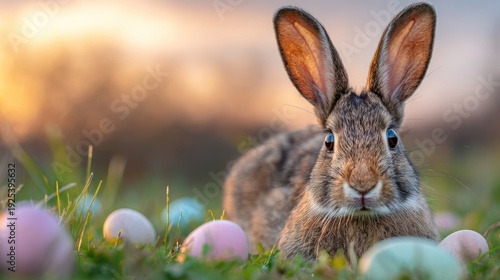 A brown rabbit with large ears sits in a grassy field with scattered Easter eggs.
