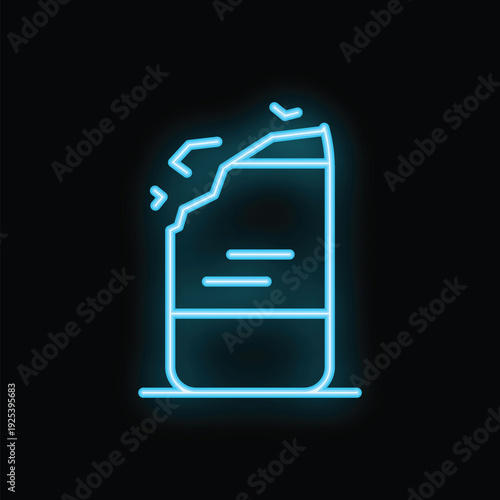 Blue neon sign illuminating a broken phone against a dark background