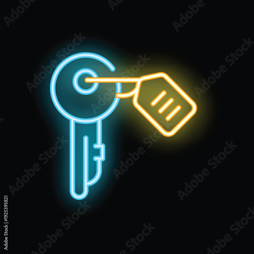 Glowing neon key with tag is isolated on black background