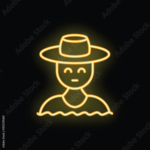 Bright yellow neon icon of a farmer wearing a hat and smiling