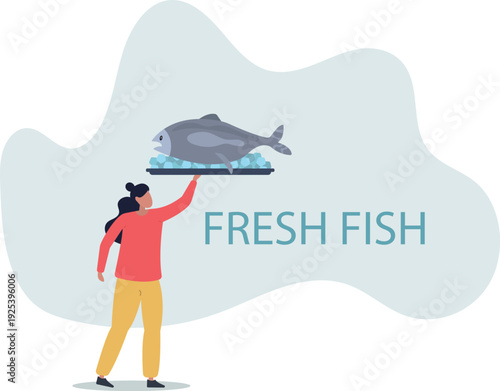 A female character advertises fresh salmon, which is lying on a tray with ice.