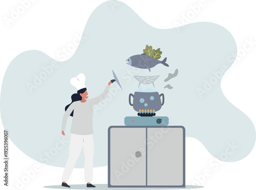 A female chef prepares steamed salmon. Restaurant concept.