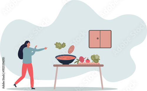 A female character points to a bowl of soup standing on the kitchen table.