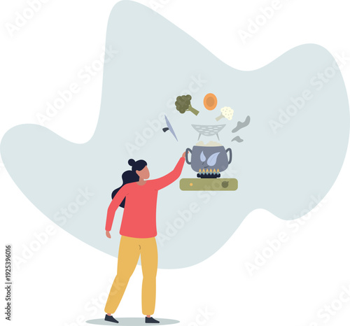 A woman steams vegetables. The concept of housewives and vegetarianism.