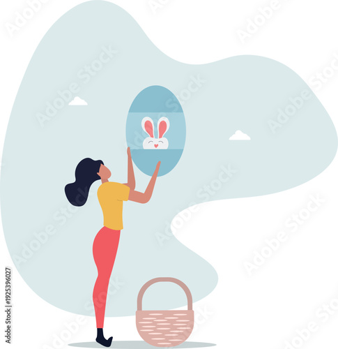 Female character holding painted egg with bunny pattern. Easter concept.