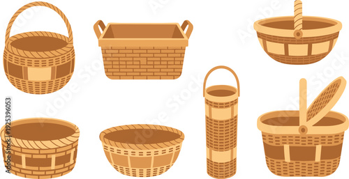 Wicker Basket Collection with Picnic Container and Storage Bowl Designs for Market Shopping, Home Organization, and Craft Vector Illustration.