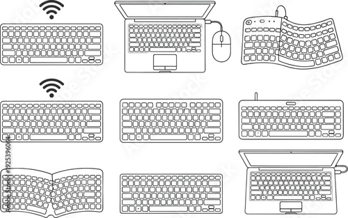 Black and white vector illustration of diverse keyboard designs including wireless, laptop, ergonomic, foldable, and computing device input layouts.