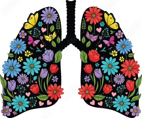 Floral Lungs Vector Illustration with Colorful Flowers Inside Human Respiratory Anatomy Isolated Decorative Medical Concept