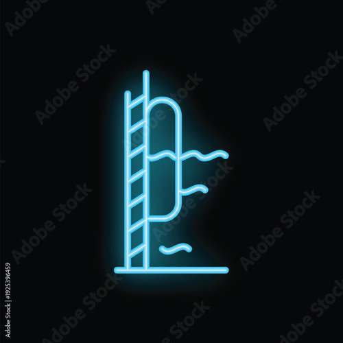 Blue neon sign depicting a high dive structure with ladder and rippling water, evoking summer fun and aquatic activities