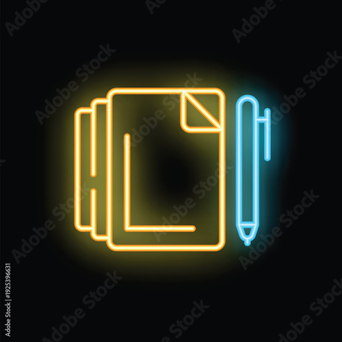 Glowing neon icon of documents with folded corner and pen, representing writing, editing, and content creation
