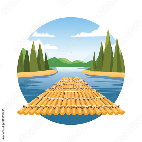 Cartoon scene of a bamboo raft floating on a river